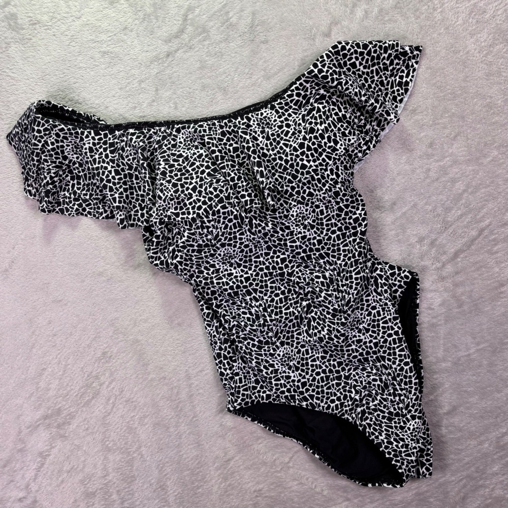 NWT‎ Fredericks of Hollywood Women Swimsuit M Black White Ruffle One Shoulder